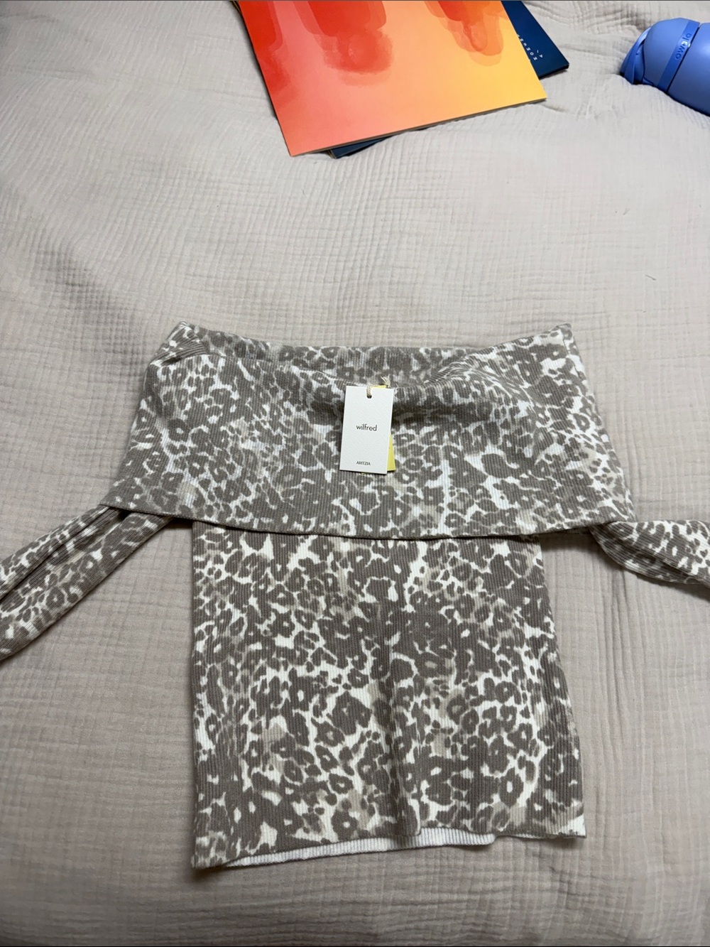 Aritzia Wilfred Off-Shoulder Leopard Print Sweater in Taupe and White
